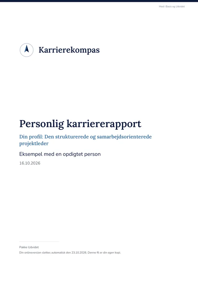 Forsiden af en karriererapport til en opdigtet person