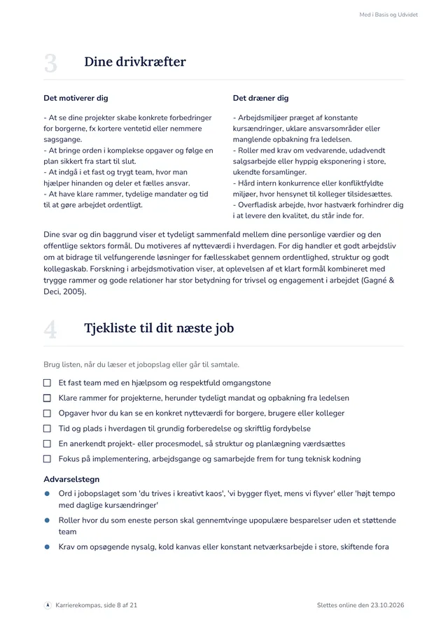 Siden med drivkræfter og Tjekliste til dit næste job